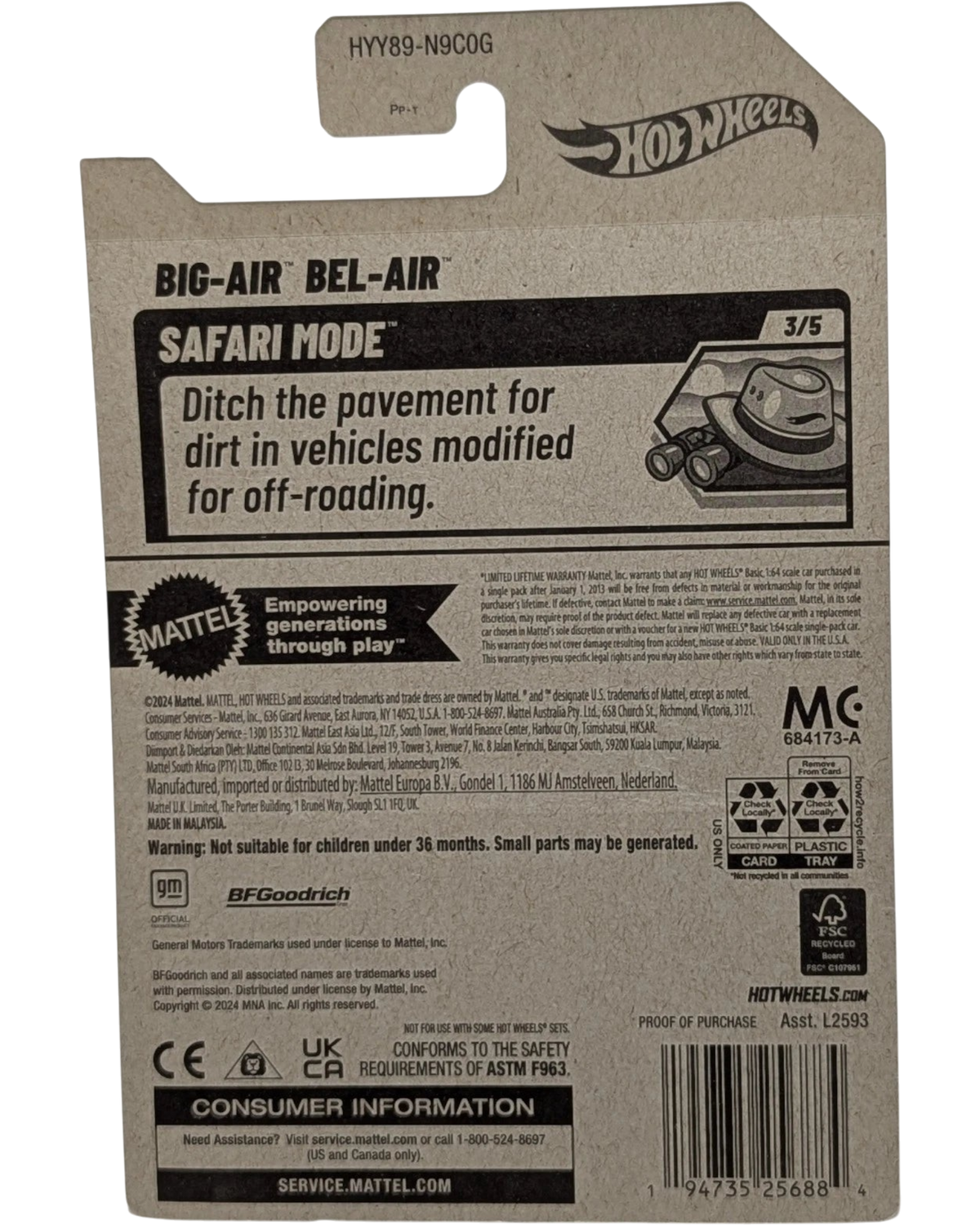 Back of More Than Diecast Hot Wheels 2025 Big-Air Bel-Air Safari Mode packaging with product details and barcode