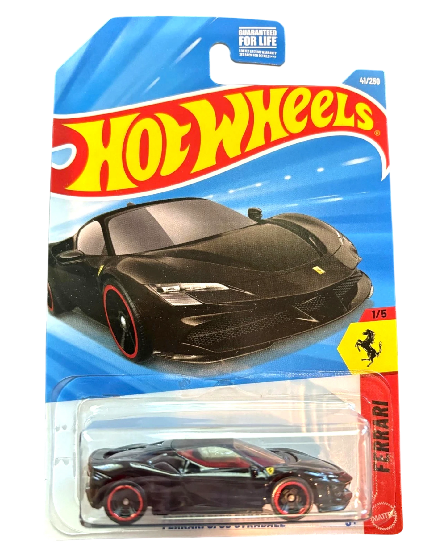 More Than Diecast Hot Wheels black Ferrari SF90 Stradale toy car with red trim on wheels.