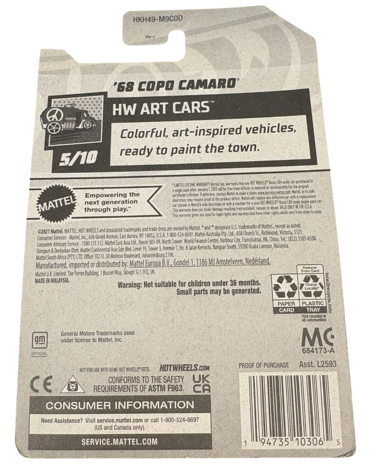 Back of More Than Diecast Hot Wheels 68 COPO Camaro HW Art Cars packaging showing product details and branding