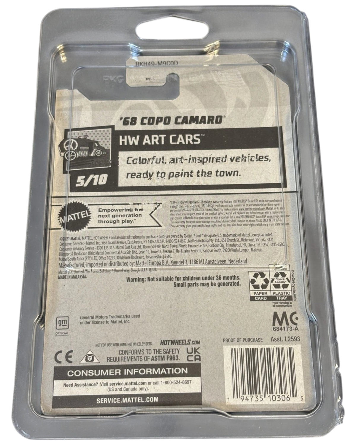 More Than Diecast Hot Wheels 68 COPO Camaro Art Cars packaging back view showing product details and barcode