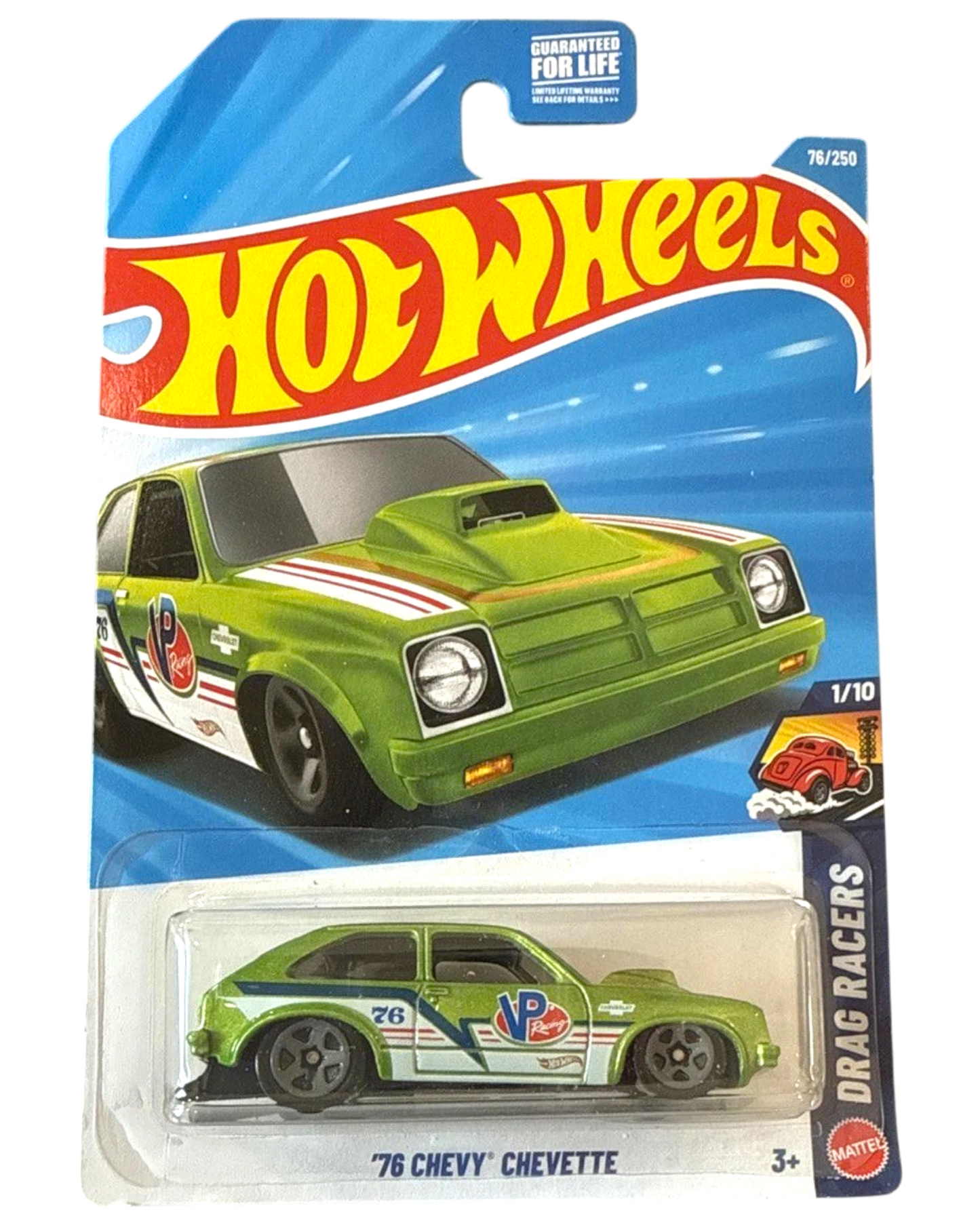 More Than Diecast Hot Wheels 76 Chevy Chevette Drag Racers die-cast car in green with racing livery in blister pack