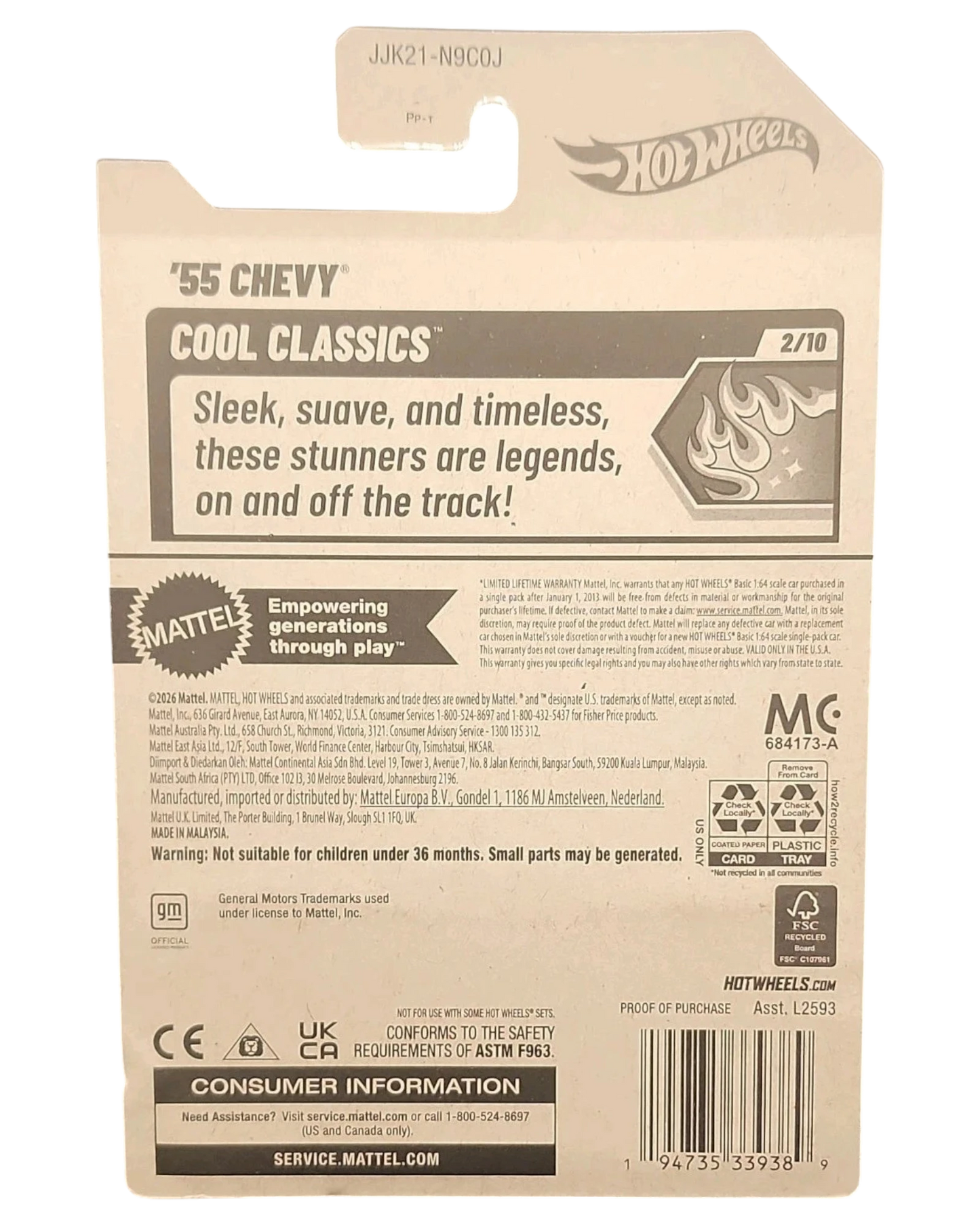 More Than Diecast 2026 Hot Wheels 55 Chevy Cool Classics packaging back view with product details and safety warnings