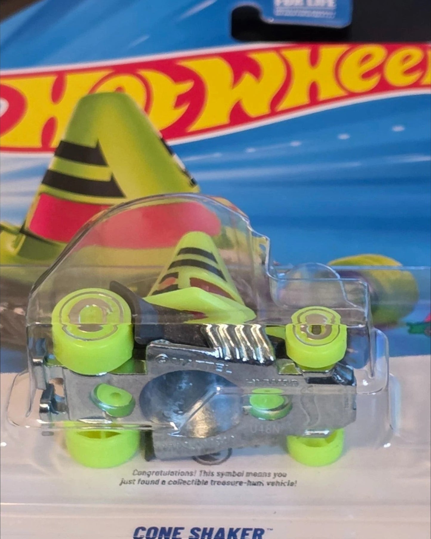 More Than Diecast Hot Wheels Cone Shaker Treasure Hunt die-cast car with neon green wheels and black stripes on a cone.