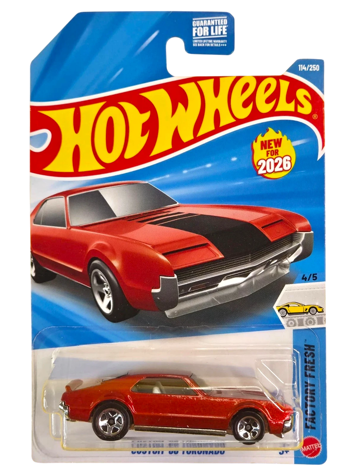 More Than Diecast Hot Wheels 2026 Custom '66 Toronado, 1:64 scale die-cast car, red with black racing stripes, in Factory Fresh series.