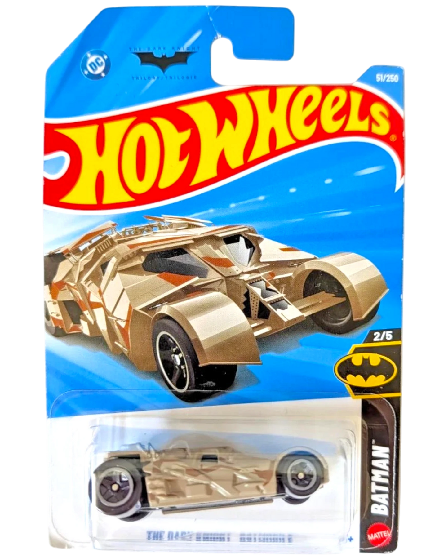 More Than Diecast Hot Wheels The Dark Knight Batmobile 1:64 die-cast car in tan camouflage on blister card packaging