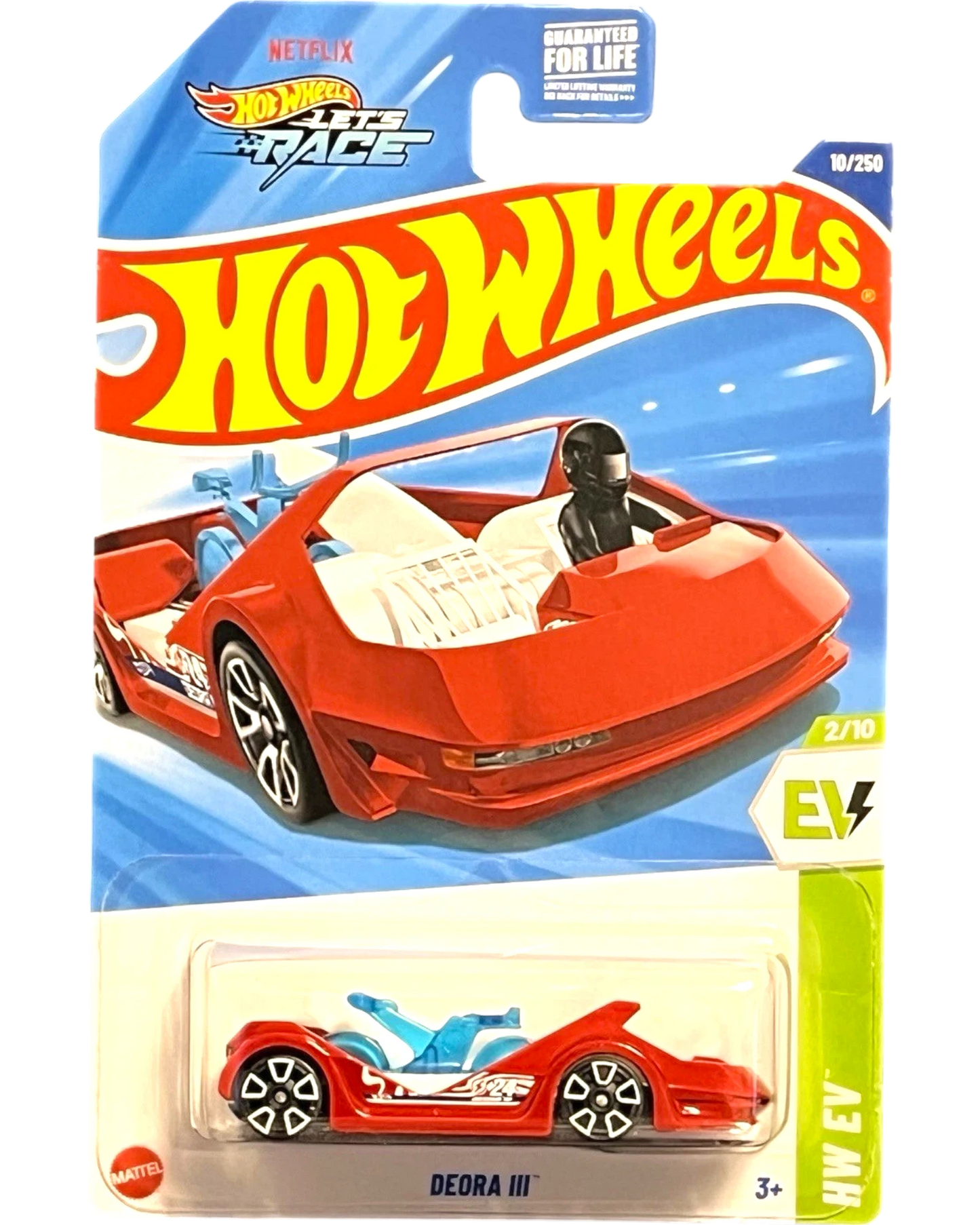 More Than Diecast Hot Wheels Deora III red diecast car with blue accents and a black driver figure.