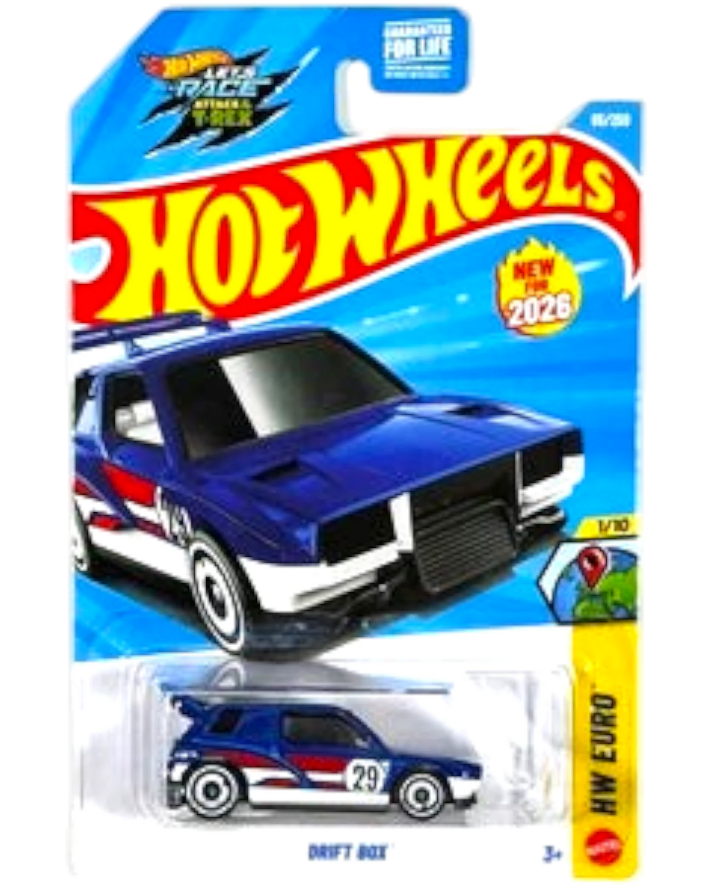More Than Diecast Hot Wheels Drift Box blue diecast car in original K Case packaging with racing decals