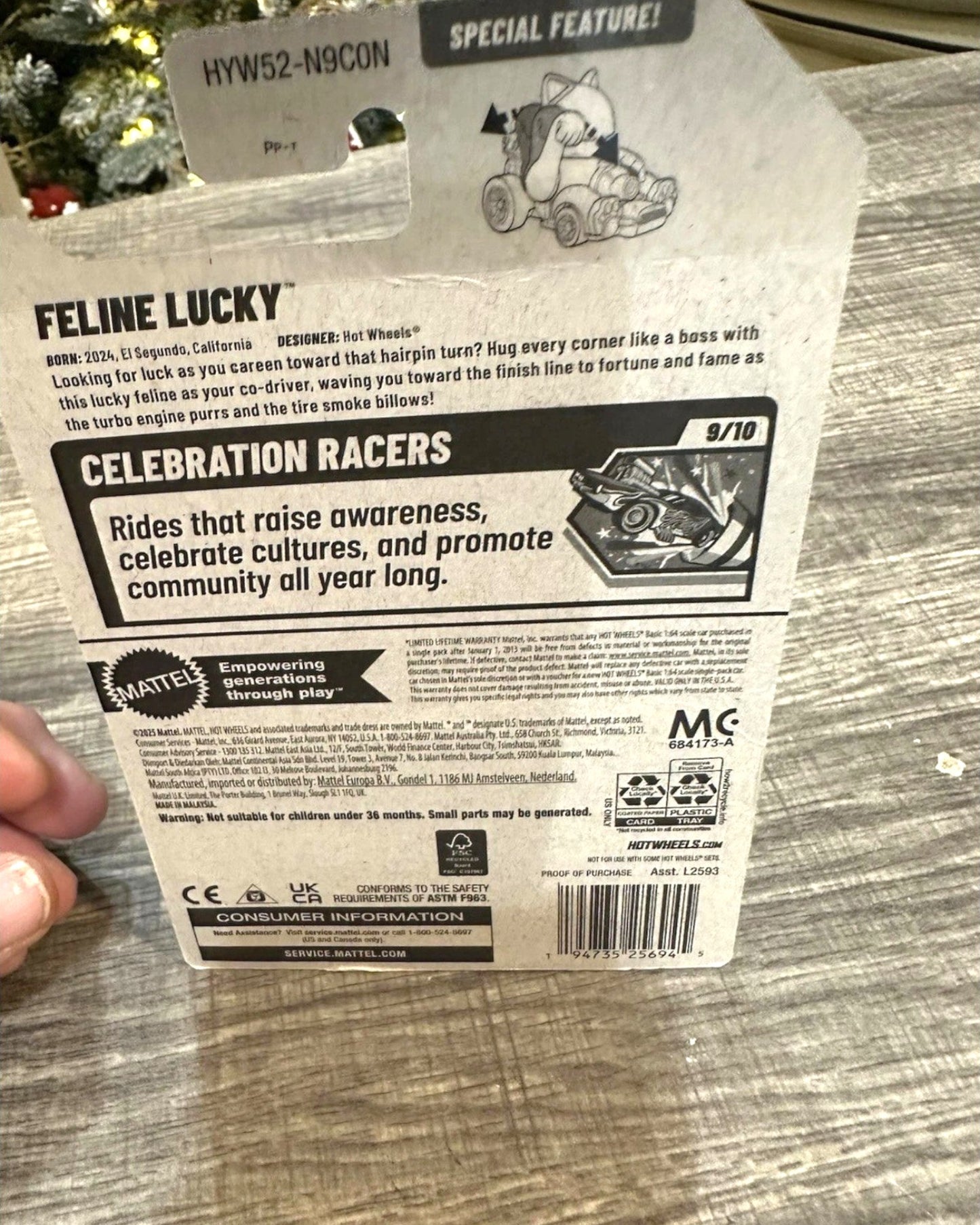 More Than Diecast 2025 Hot Wheels Feline Lucky 6/10 die-cast car packaging with graphic of a cat driving a race car.