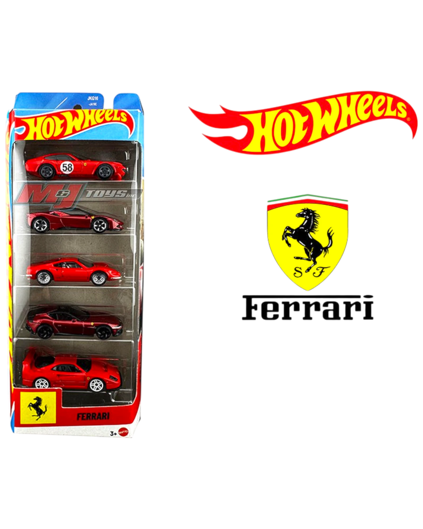 More Than Diecast Hot Wheels 1:64 Ferrari 5 pack featuring 365 GTB4-C, SF90 Stradale, Dino 206 GT, 12 Cilindri, F40