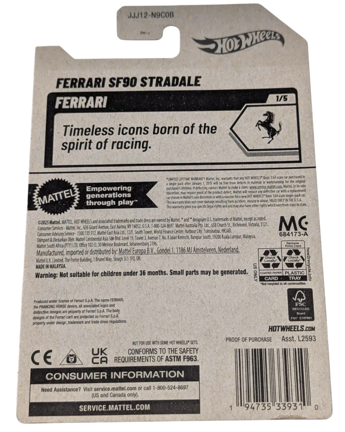 More Than Diecast Hot Wheels Ferrari SF90 Stradale die-cast model car, 1/5 scale, with Ferrari logo and prancing horse emblem.