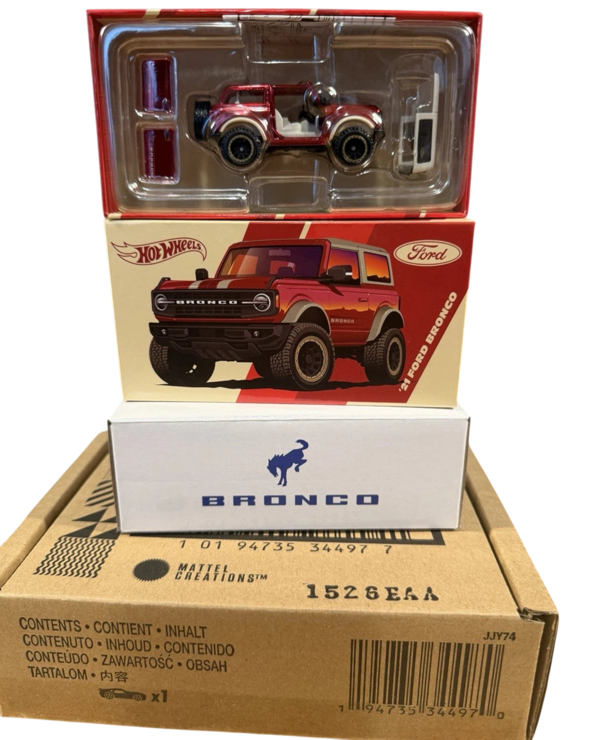 More Than Diecast Hot Wheels RLC Exclusive 2021 Ford Bronco dual-pack with premium red die-cast car and display box.