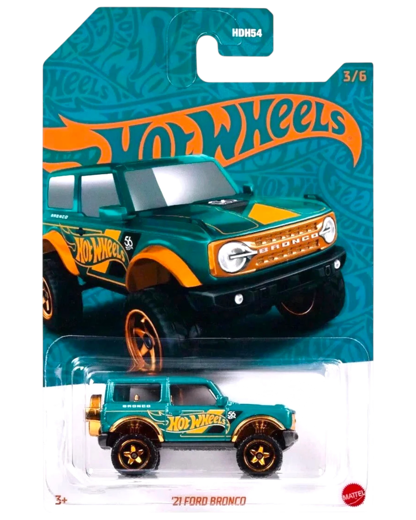 More Than Diecast Hot Wheels 2024 Pearl and Chrome '21 Ford Bronco toy car, teal with orange accents and gold wheels.