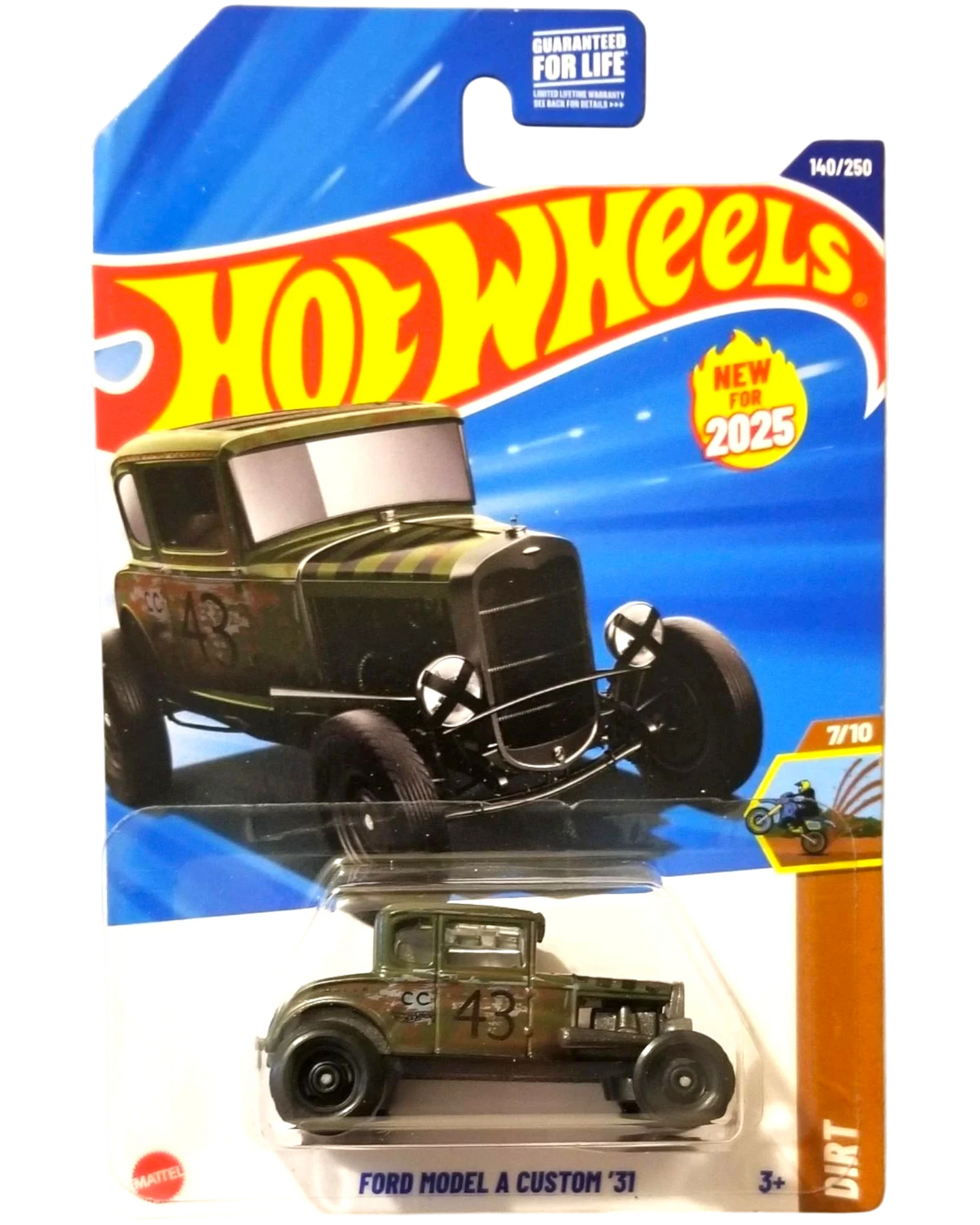More Than Diecast Hot Wheels 2025 Ford Model A Custom '31 diecast car, olive green with black racing stripes and number 43.