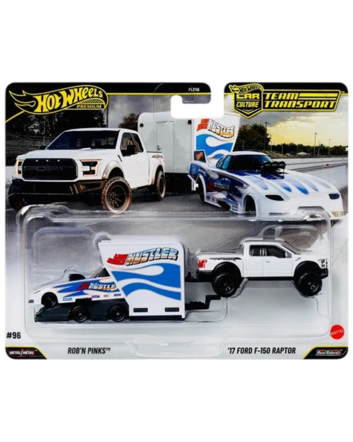 More Than Diecast Hot Wheels Team Transport set #96 featuring a white Ford F-150 Raptor and Rob'N Pinks race car
