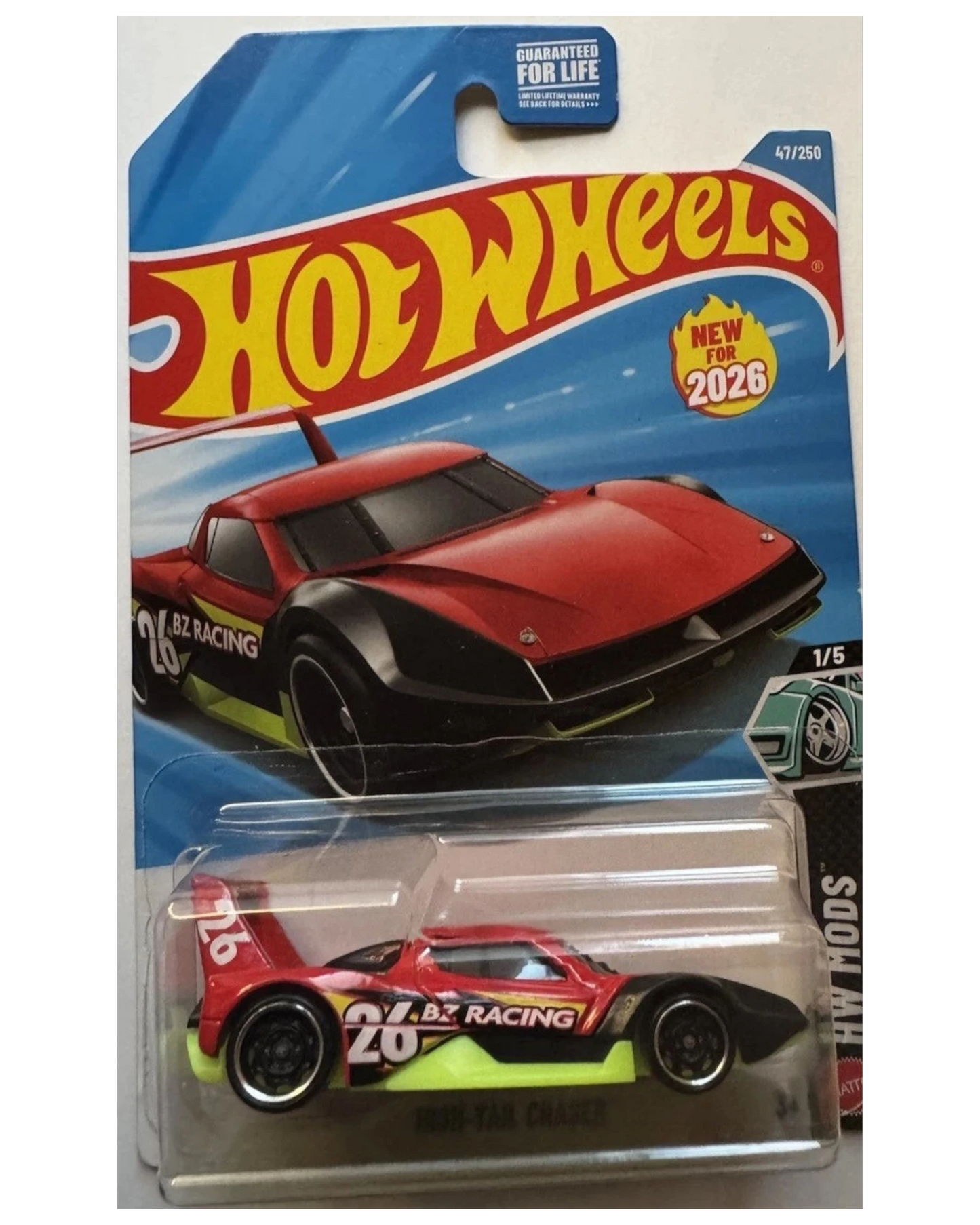 More Than Diecast 2026 Hot Wheels HW MODS High-Tail Chaser toy car, red with black accents and yellow trim.