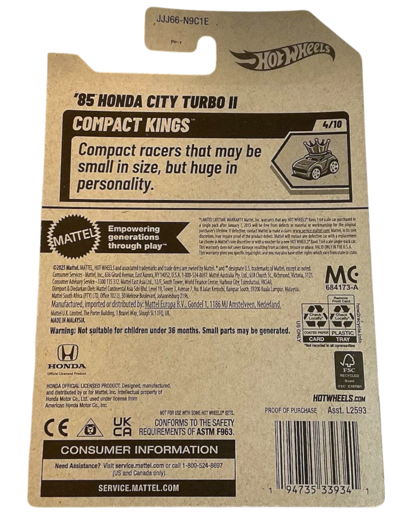 More Than Diecast 2026 Hot Wheels ‘85 Honda City Turbo II Compact Kings #4/10 diecast car packaging.
