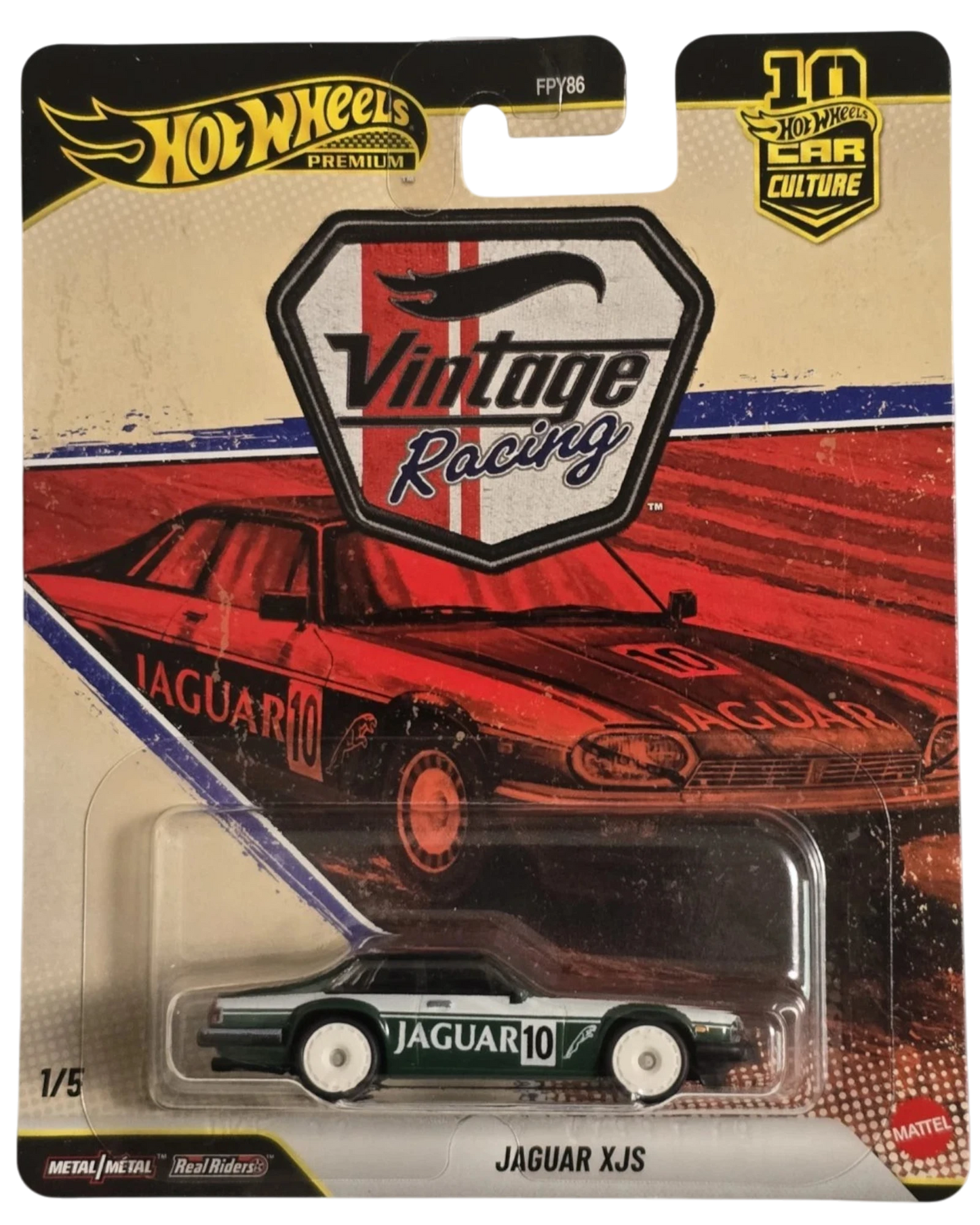 More Than Diecast Hot Wheels Premium Vintage Racing Jaguar XJS diecast car, dark green with white racing stripes and "JAGUAR 10" text.