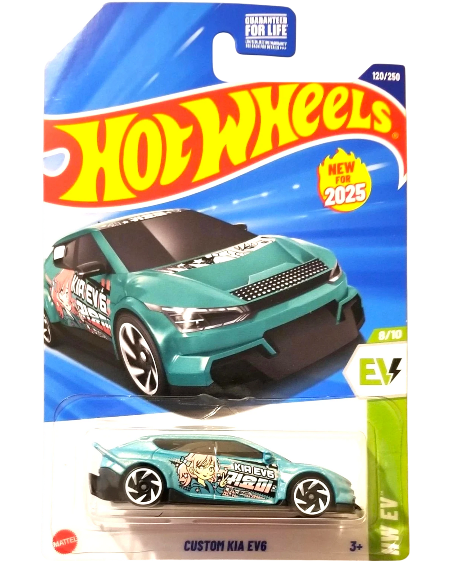 More Than Diecast Hot Wheels Custom Kia EV6 toy car, teal with anime graphics and white wheels.