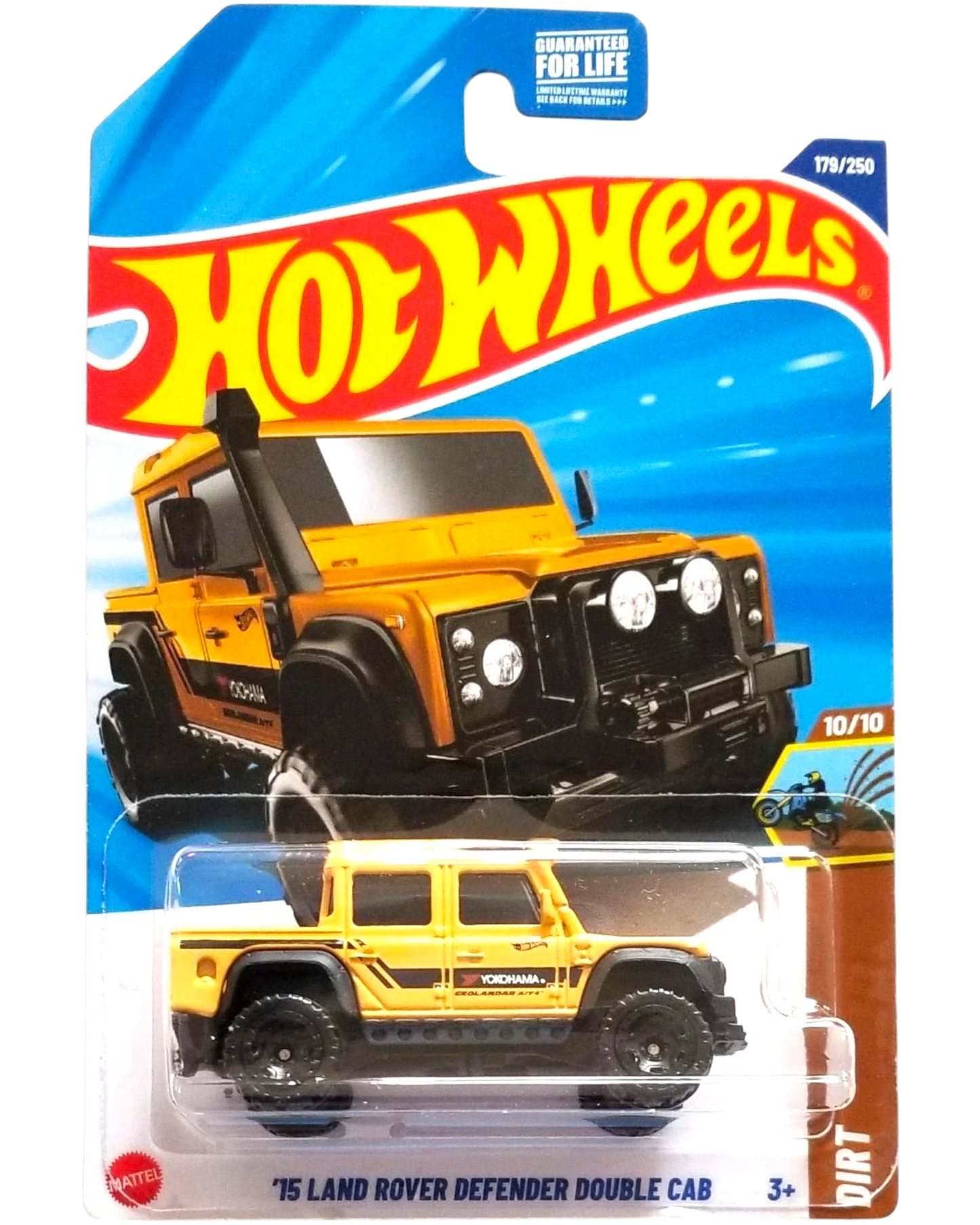More Than Diecast Hot Wheels 2015 Land Rover Defender Double Cab die-cast model car, yellow with black accents and Yokohama tires.