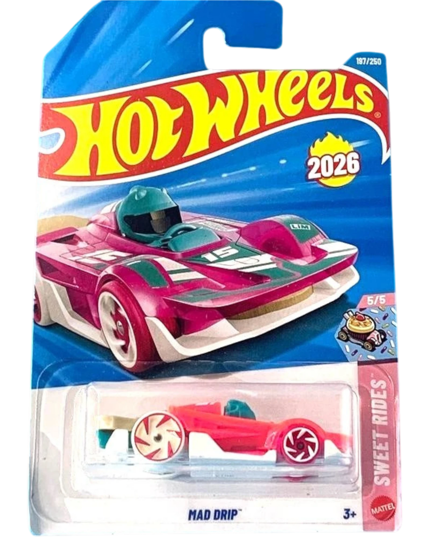 More Than Diecast Hot Wheels Mad Drip 1:64 scale die-cast car in transparent pink from the 2026 Sweet Rides series.