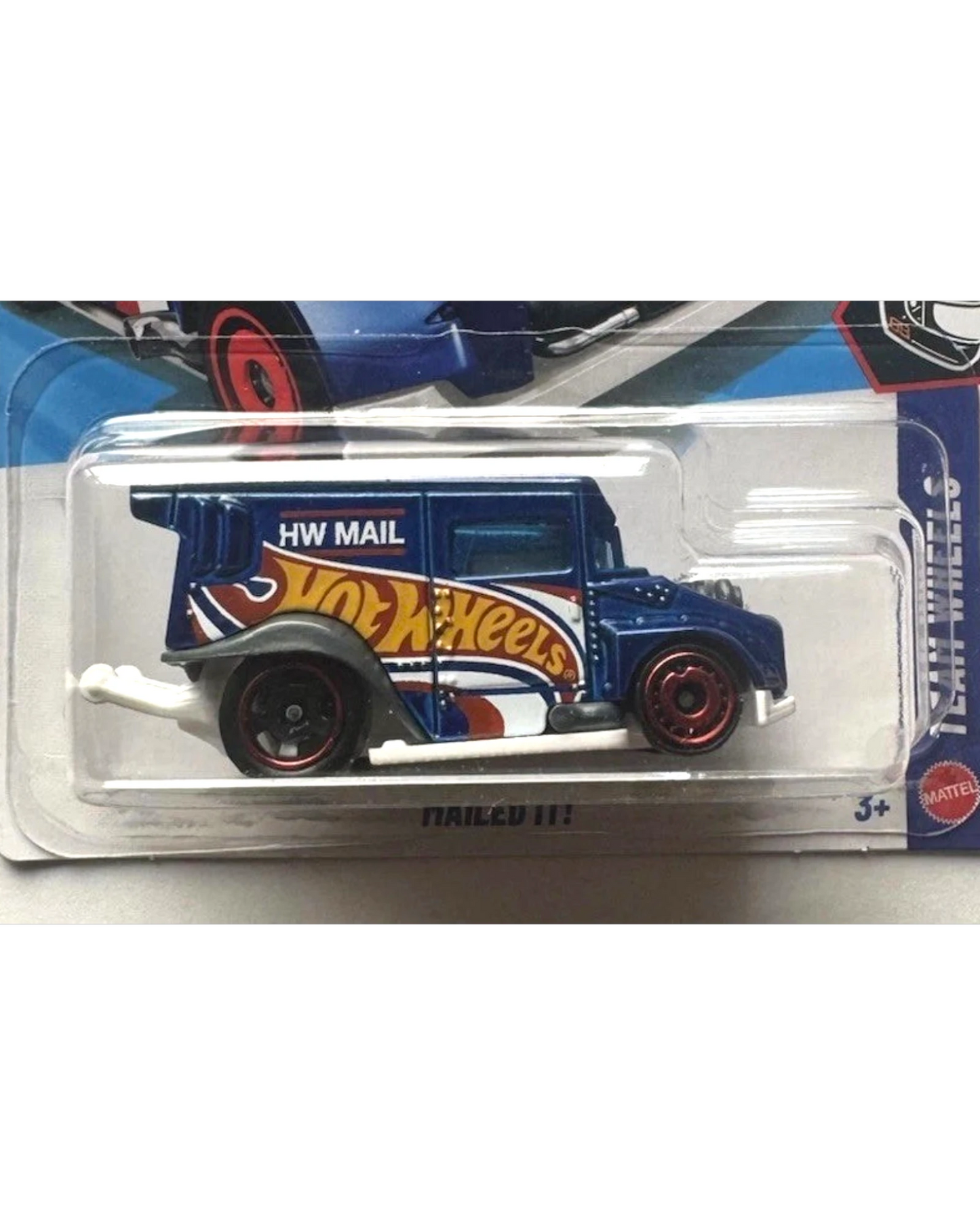 More Than Diecast blue Hot Wheels mail truck with red wheels and "HW MAIL" text.
