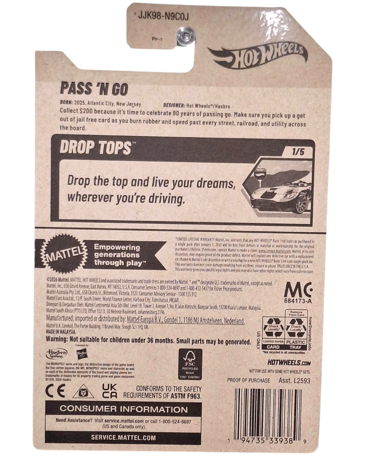 More Than Diecast 2026 Hot Wheels Monopoly Pass 'N Go card back with product details and Monopoly branding