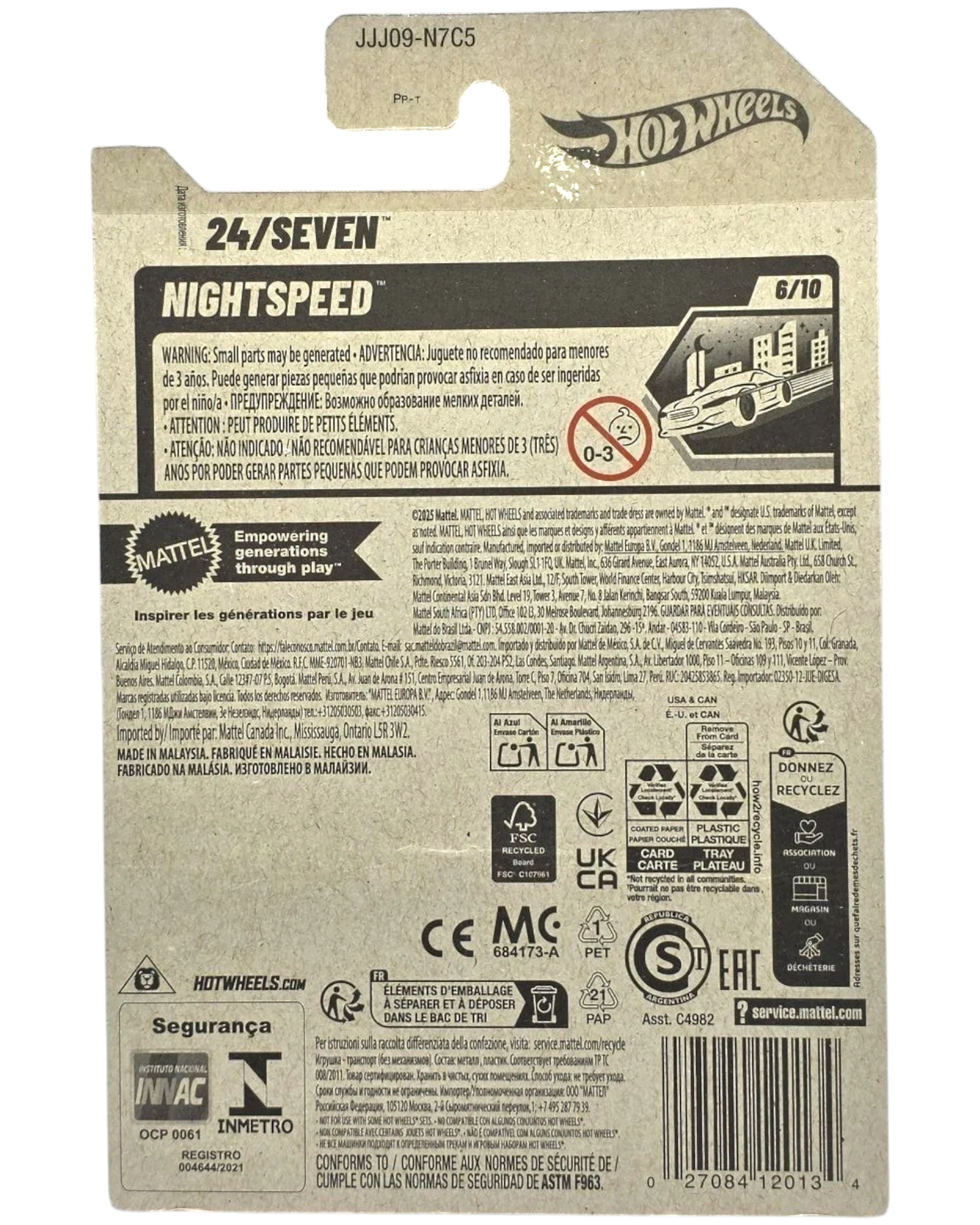 More Than Diecast Hot Wheels 24/Seven NightSpeed red diecast car packaging with warning labels and product information.