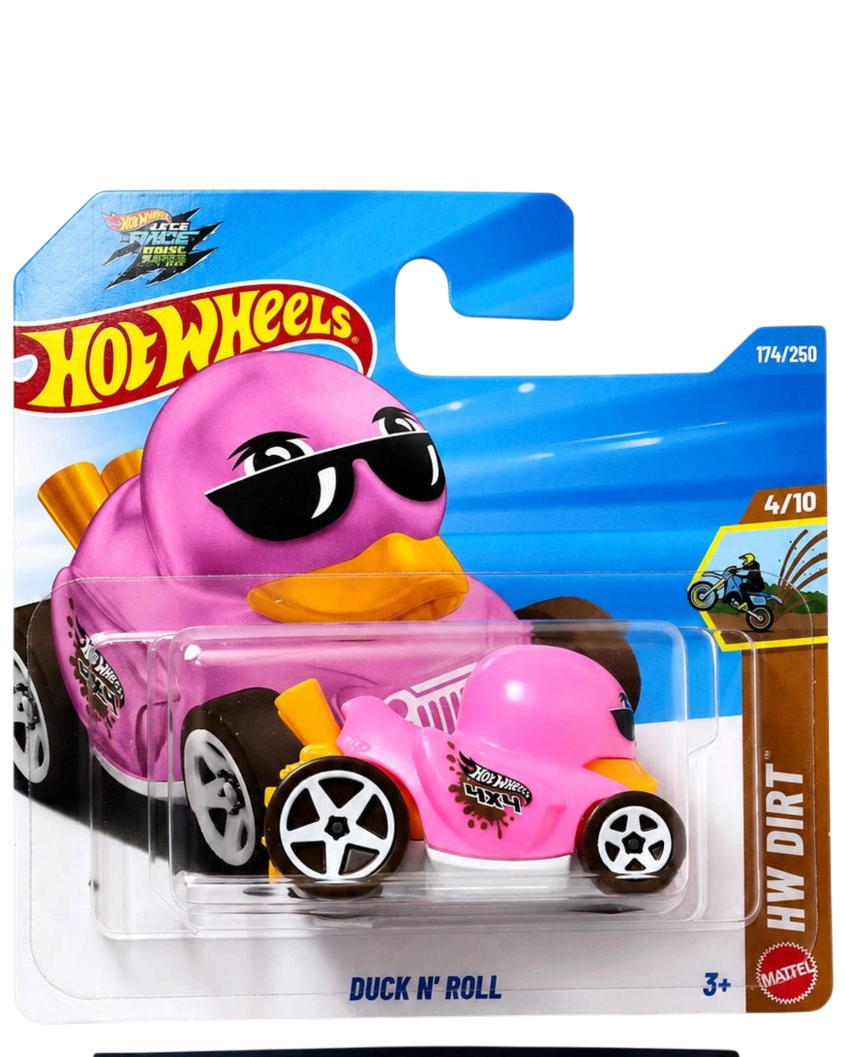 More Than Diecast Hot Wheels Duck n Roll pink toy car in original short card packaging with sunglasses graphic