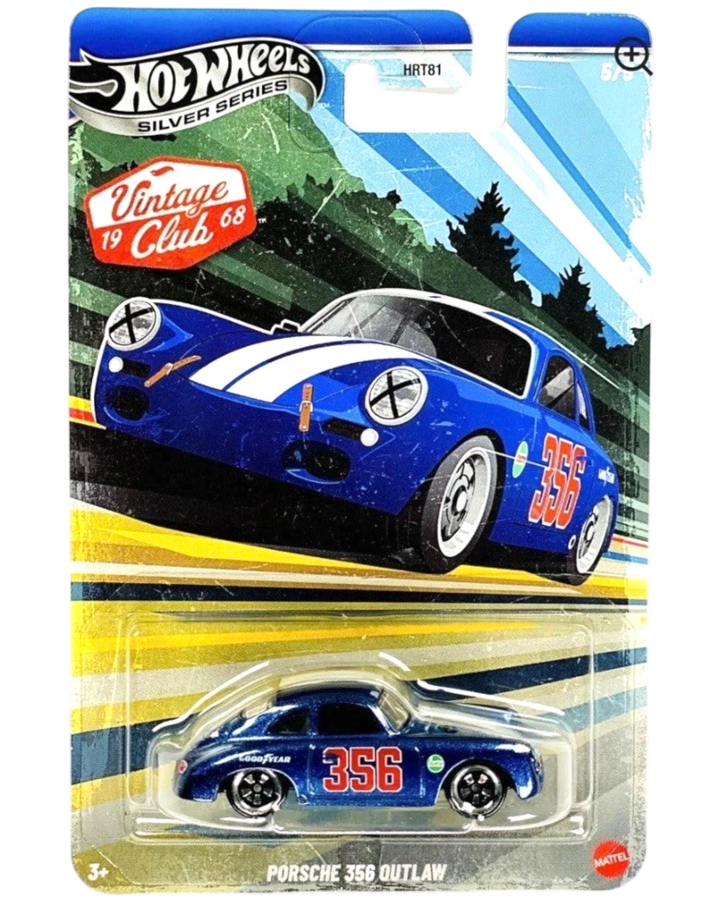 Hot Wheels Silver Series 2026 Vintage Racing Club Grand Prix Porsche 356 Outlaw diecast car in blue with white racing stripes and "356" on the side.