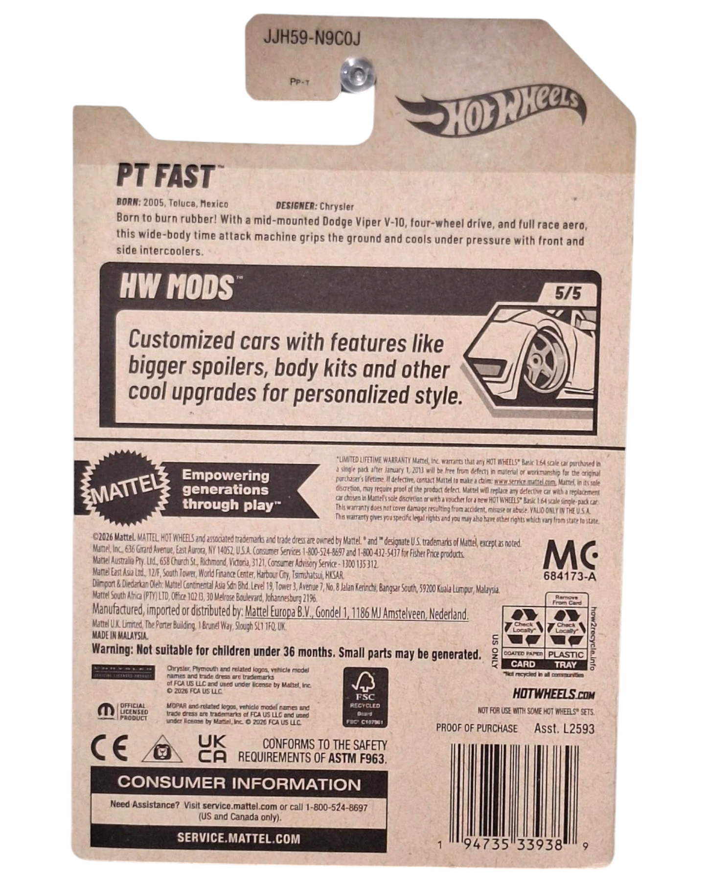 More Than Diecast Hot Wheels PT FAST 187/250 HW MODS collector card back with product details and specifications
