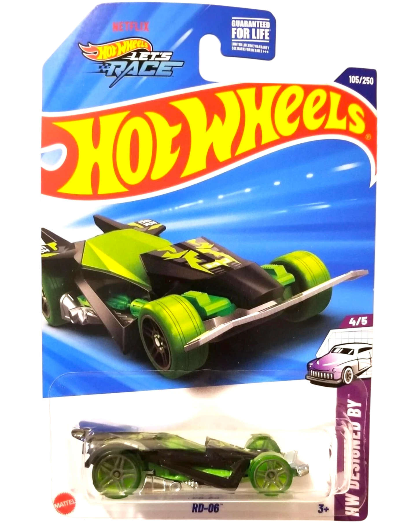 More Than Diecast Hot Wheels RD-06 2025 HW Designed By series die-cast car in green and black on blister card