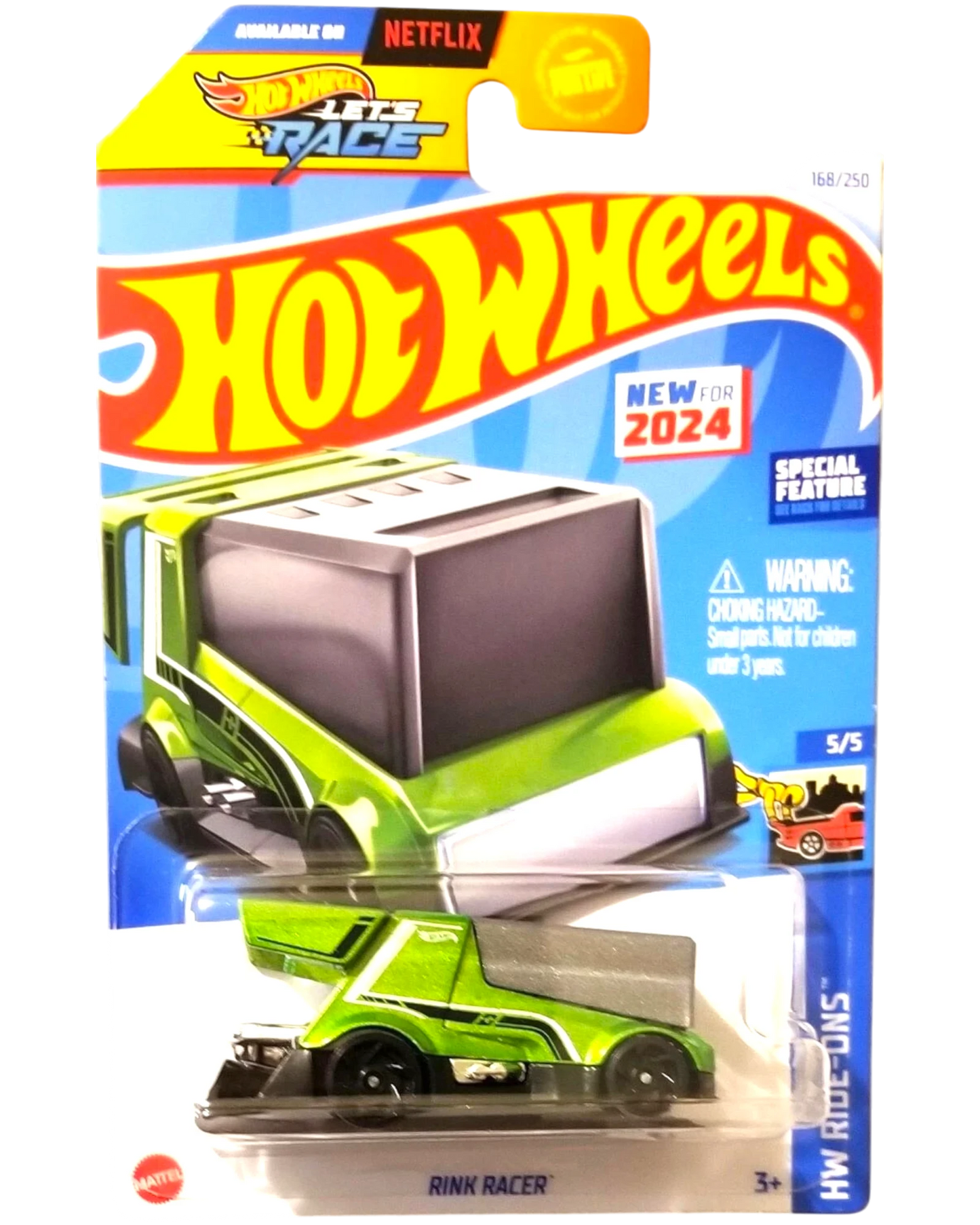 More Than Diecast Hot Wheels Rink Racer toy car, bright green with black accents and spoiler, on a black background.