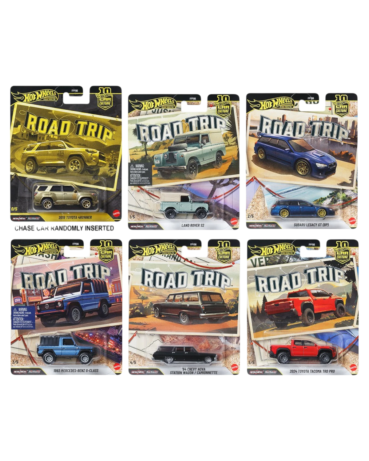 More Than Diecast Hot Wheels Car Culture 10th Anniversary Road Trip assortment featuring six premium diecast toy cars.