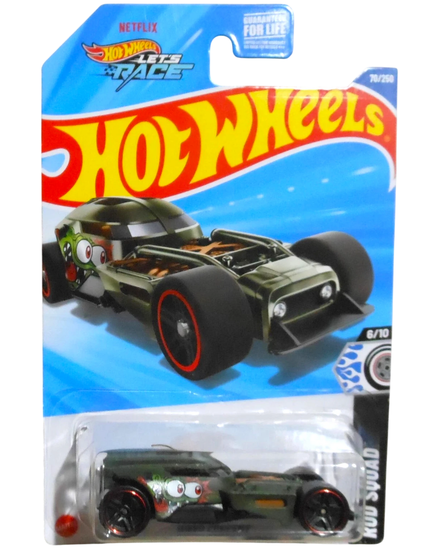 More Than Diecast Hot Wheels Rod Squad Series HW50 Concept diecast car in dark olive with cartoon eyes and red trim.