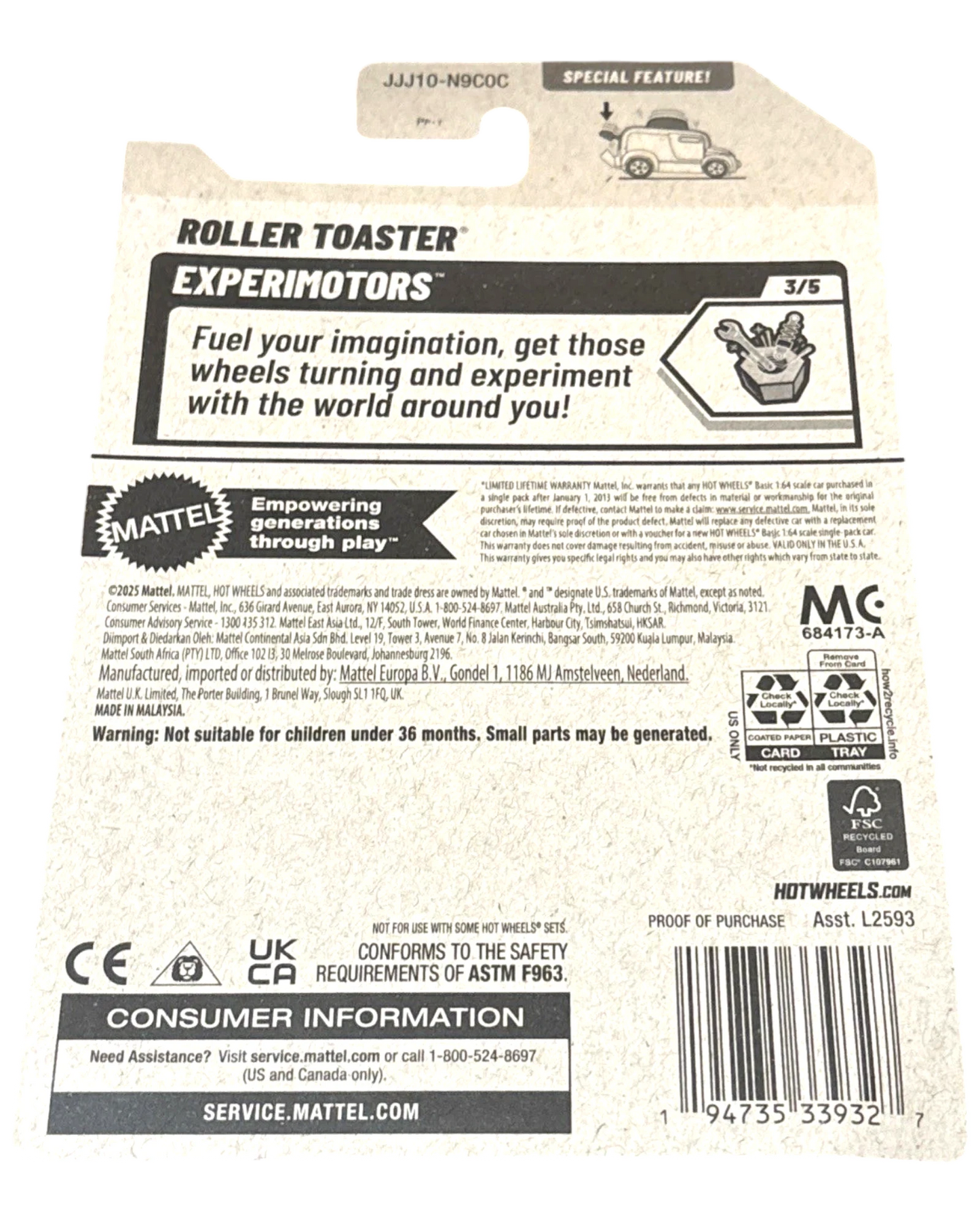 More Than Diecast Hot Wheels Roller Toaster Experimotors toy car packaging with product details and safety information.