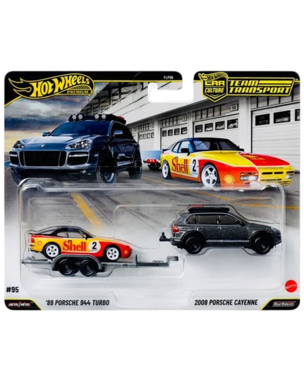 More Than Diecast Hot Wheels Team Transport Shell set featuring a Porsche 944 Turbo, Cayenne, and rally trailer.