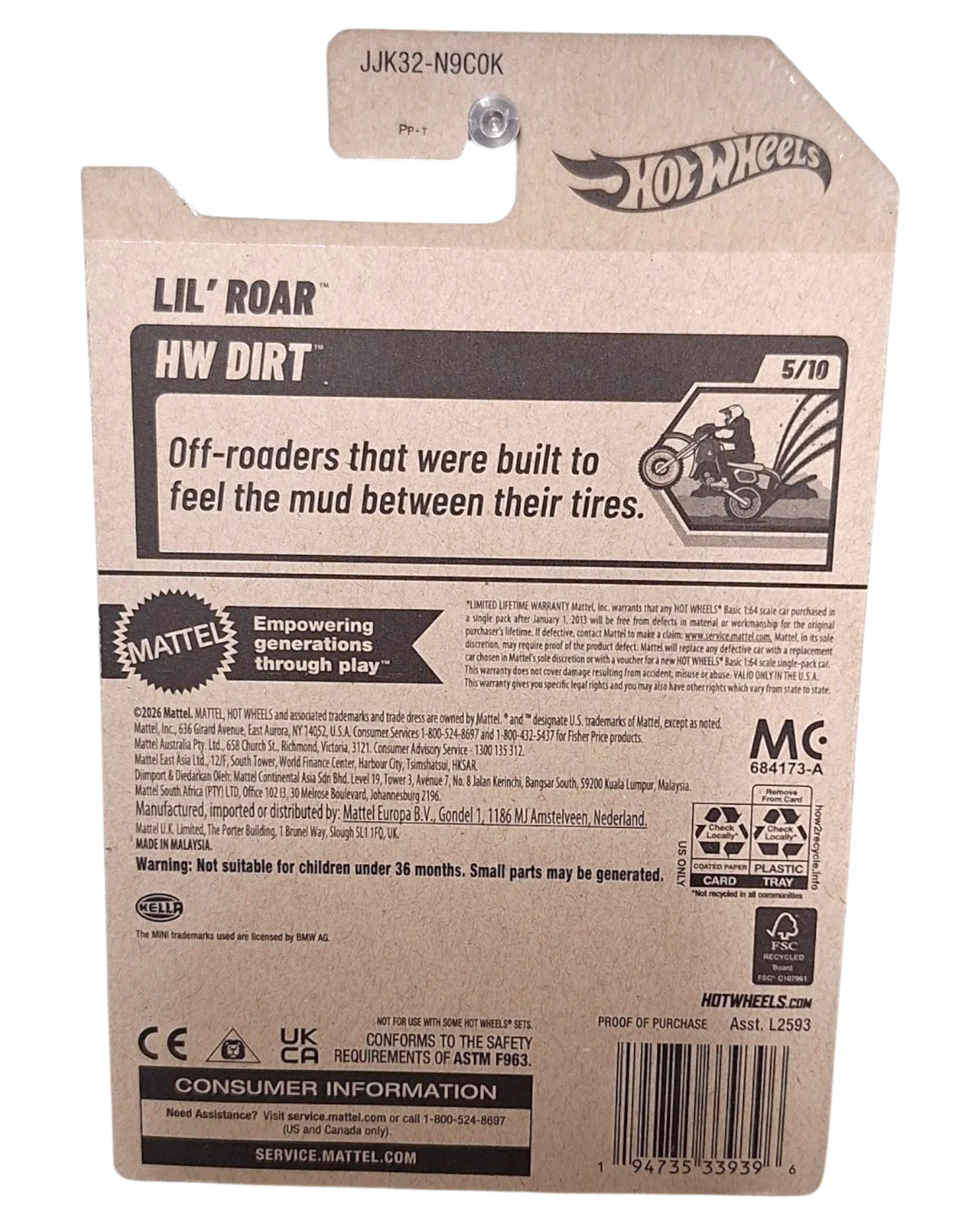 Back of More Than Diecast Hot Wheels Spider Mobile packaging featuring Lil' Roar HW Dirt branding and product info