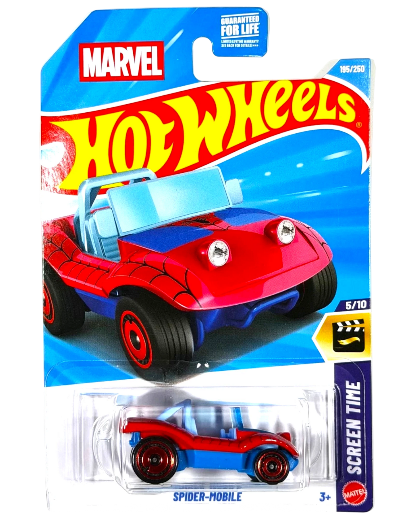 More Than Diecast Hot Wheels Spider-Mobile 1:64 die-cast car in red and blue with Spider-Man web detailing on card