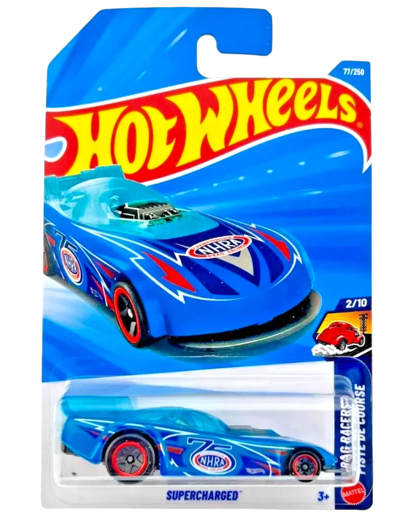 More Than Diecast Hot Wheels Supercharged 1:64 die-cast car in blue with NHRA racing graphics on blister card