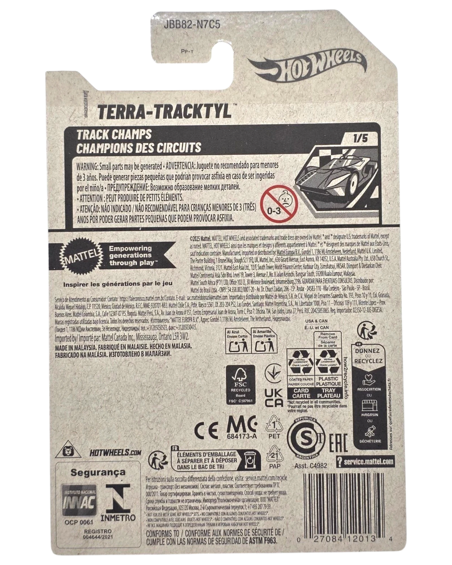 Back of More Than Diecast Hot Wheels Terra-Tracktyl 204/250 toy car packaging with product details and safety info.