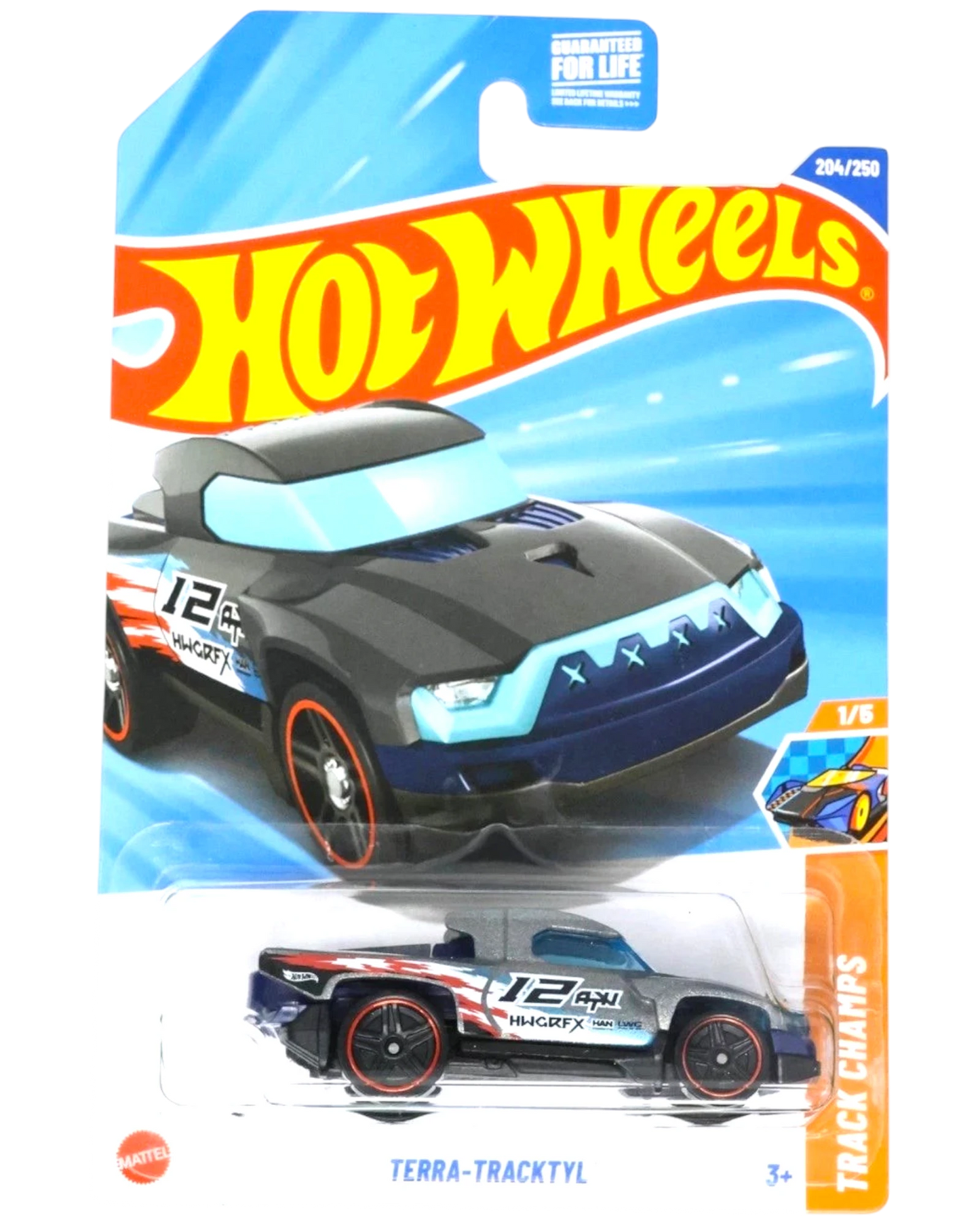 More Than Diecast Hot Wheels Terra-Tracktyl toy truck, grey with blue accents and red wheels.