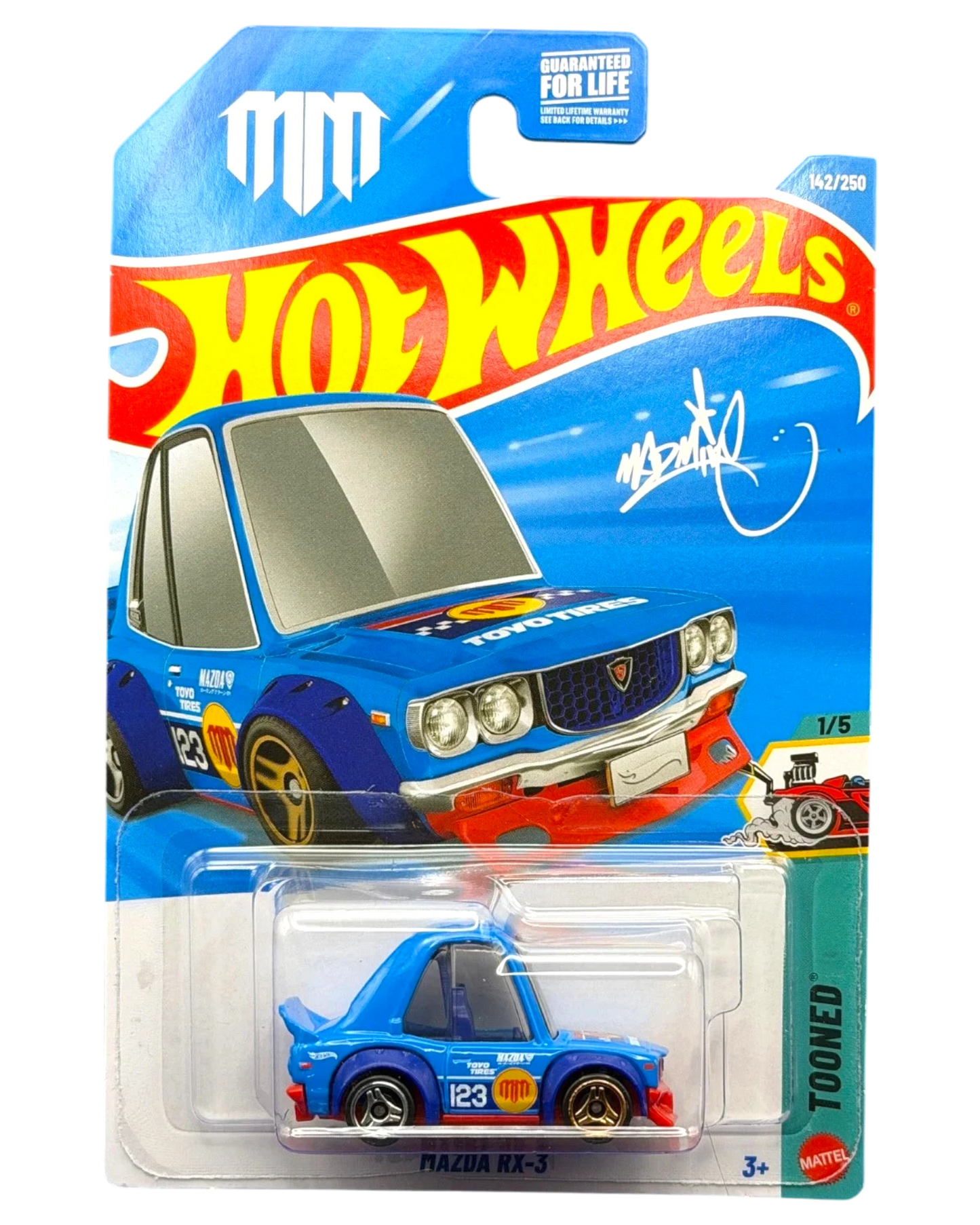 More Than Diecast Hot Wheels Tooned Mazda RX-3 blue die-cast car with Mad Mike livery and 123 racing decals.