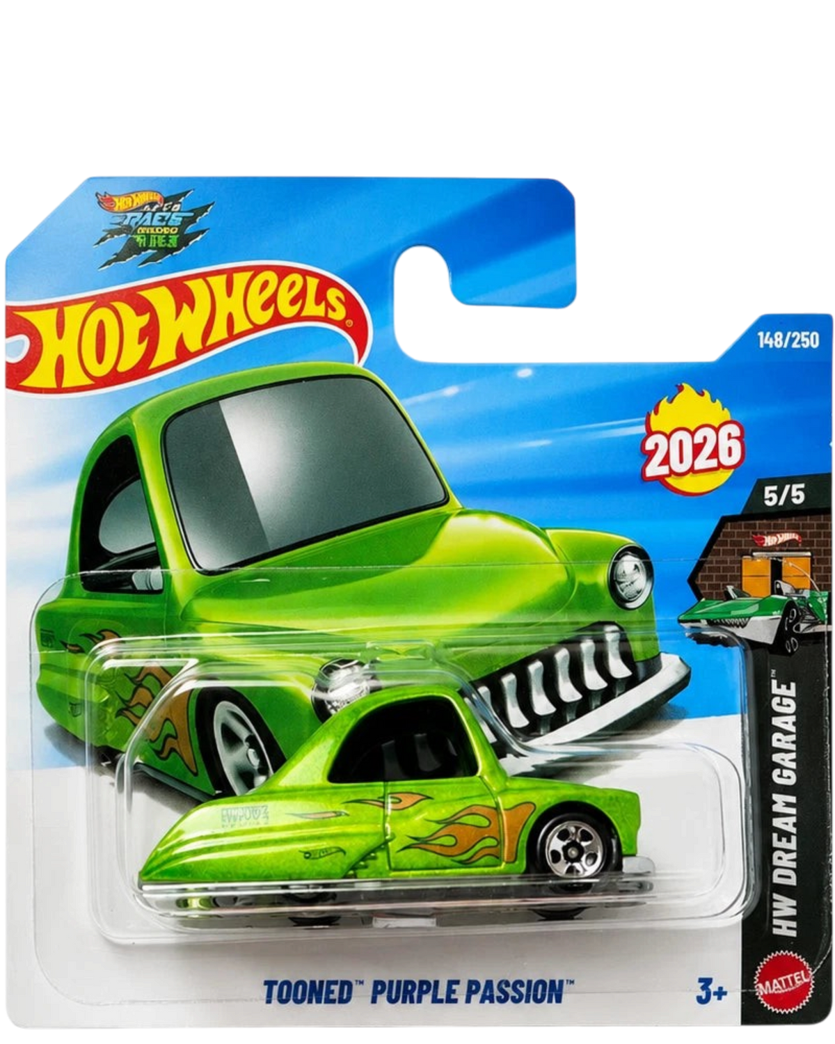 More Than Diecast Hot Wheels Tooned Purple Passion die-cast car in bright green with flame decals in blister pack