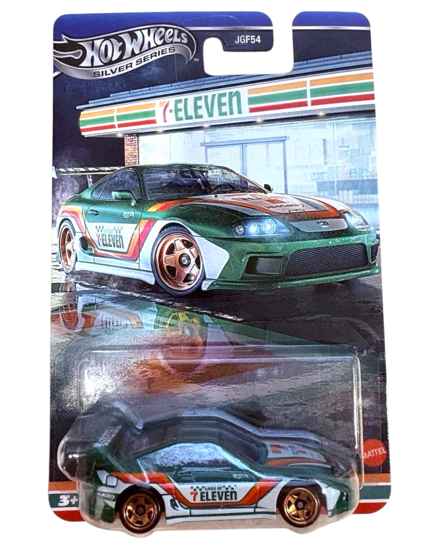 More Than Diecast Hot Wheels Silver Series 7-Eleven Toyota Supra Mk4 in green with exclusive 7-Eleven racing livery