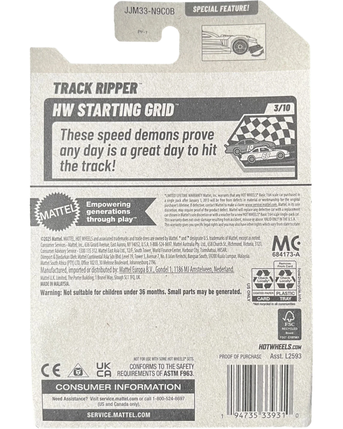 More Than Diecast Hot Wheels Track Ripper HW Starting Grid #24/250 diecast car packaging. Features checkered flag and car graphics.