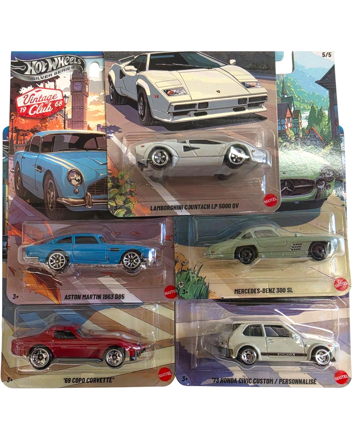 More Than Diecast Hot Wheels 2026 Silver Series Vintage Club 1968 complete 5-car set in original blister packaging