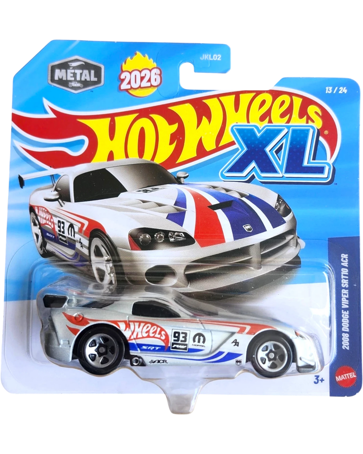 More Than Diecast Hot Wheels XL 2008 Dodge Viper SRT10 ACR 1:43 scale die-cast model car, white with red and blue racing stripes and '93' graphic.