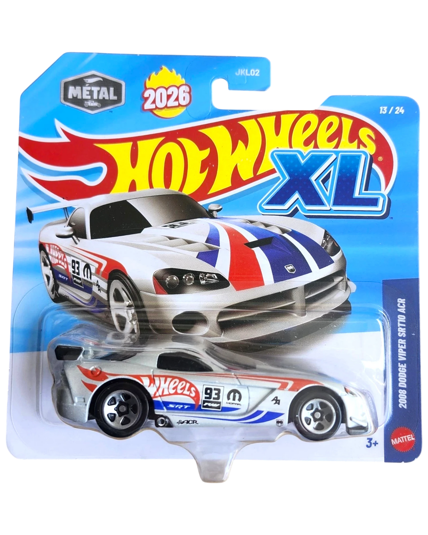 More Than Diecast Hot Wheels XL 2008 Dodge Viper SRT10 ACR 1:43 scale die-cast model car, white with red and blue racing stripes and '93' graphic.