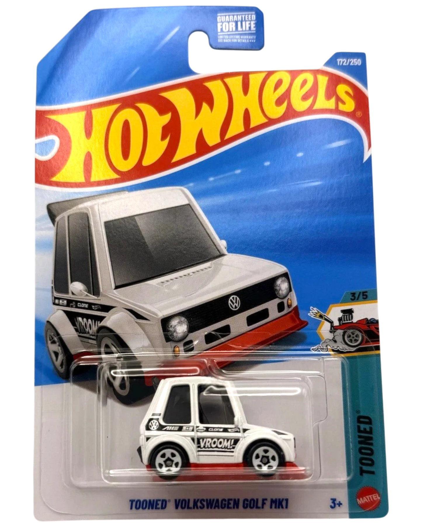 More Than Diecast Hot Wheels Tooned Volkswagen Golf MK1 toy car, white with black and red accents, in packaging.
