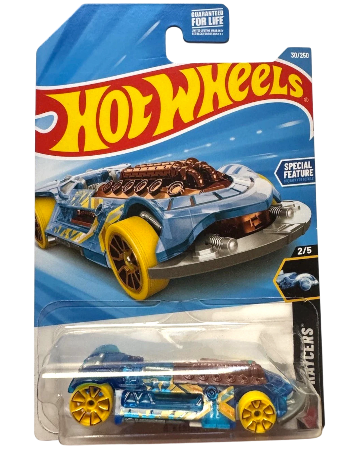 More Than Diecast Hot Wheels X-RACERS X-Steam toy car, blue with yellow wheels and brown engine detail.